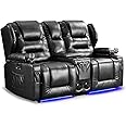 SAMERY Power Loveseat Recliner Sofa, 66.9" Reclining Loveseat 2-Seater Sofa Couch for Living Room, Home Theater, Rv, Small Spaces, with Storage/USB Ports/LED Light/Cup Holders/Pillows/Speaker