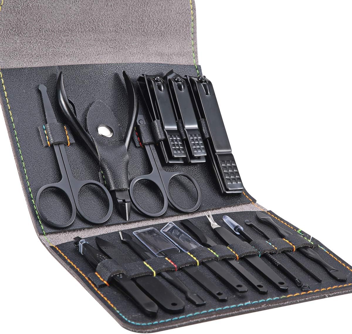 Leipple Manicure Set Professional Pedicure Kit Nail Care Tools - 16 in 1 Stainless Steel Nail Clippers Tools - Grooming Kit with Luxurious Leather Travel Case (Black)
