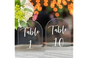 JOYIT Arch Wedding Table Numbers 1-10 with Stands – 5" X 7" Acrylic Table Signs with Clear Background White Text, Perfect Acrylic Table Numbers for Wedding Receptions, Parties, Anniversaries, and Events