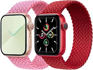 2-Pack Solo Loop Strap Compatible with Apple Watch Band 42mm 44mm,No Clasps No Buckles Stretchable Braided Sport Elastics Replacement Wristband for iWatch Series 6/5/4/3/2/1,SE,Red&Pink,9#