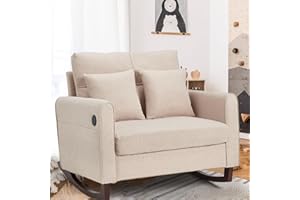 HOMREST Upholstered Oversize Rocking Chair, Nursery Rocking Chair with High Back and Side Pocket USB Port, Double Wide Rocker Armchair with Rubber Wood Legs for Living Room, Bedroom, Nursery, Beige