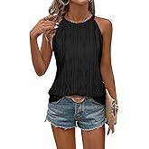 BLENCOT Casual Crochet Knit Tanks Tops for Women Sleeveless Eyelet Textured Solid Color Halter Neck T Shirts Top Blouse