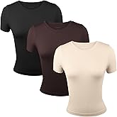 Common Stitch 3 Pack Stretch Workout Tee Shirts for Women, Ribbed Crewneck Womens Short Sleeve Yoga Tees (Available in Plus)