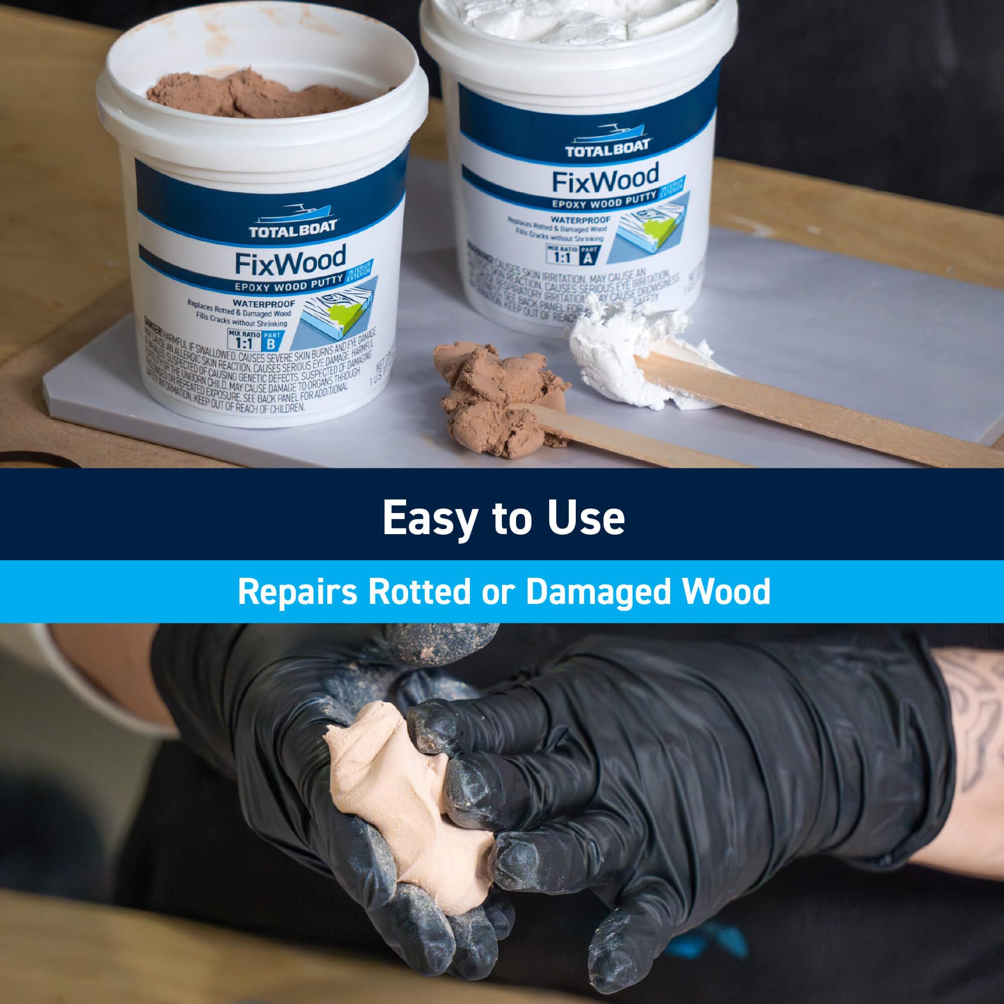 TotalBoat Fixwood | Marine Grade Epoxy Putty | Stainable Paste Filler for Damaged Wood Repair or Replacement