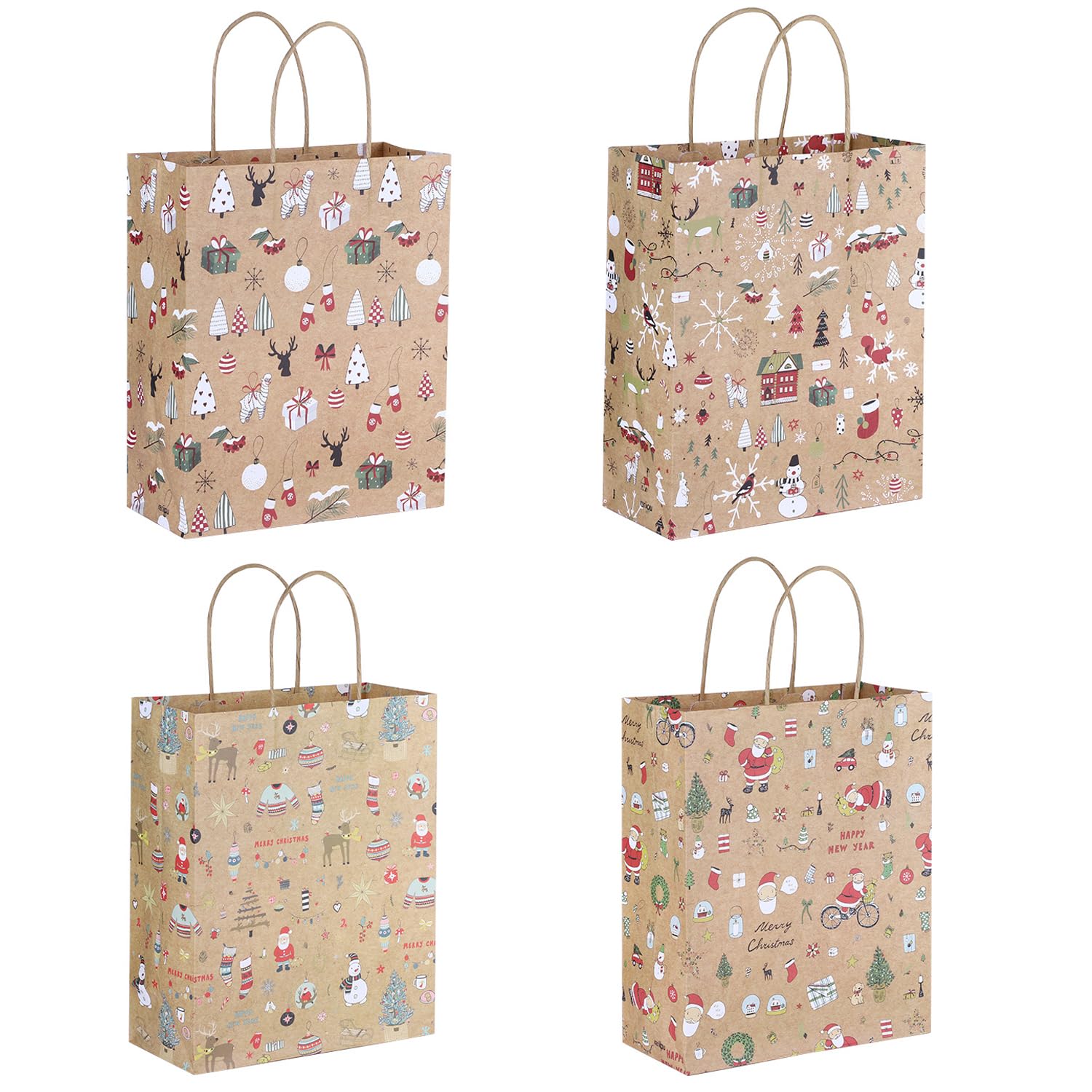 12Pcs Kraft Gift Bag Christmas Print Gift Bags Santa Claus Gift Tote Bag Party Favor Gift Wrapping Bags Reusable Craft Paper Boxes for Festive Holiday(32x26x12cm)