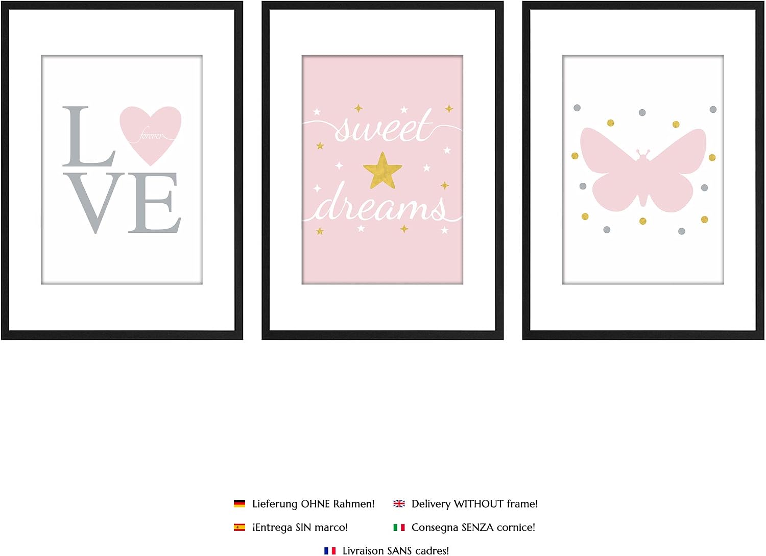 PREMYO Wall Art Prints Nursery Decor - Baby Room Decoration Girl - Kids Poster Set Love Heart Butterfly Pink Picture A4 - Image 4