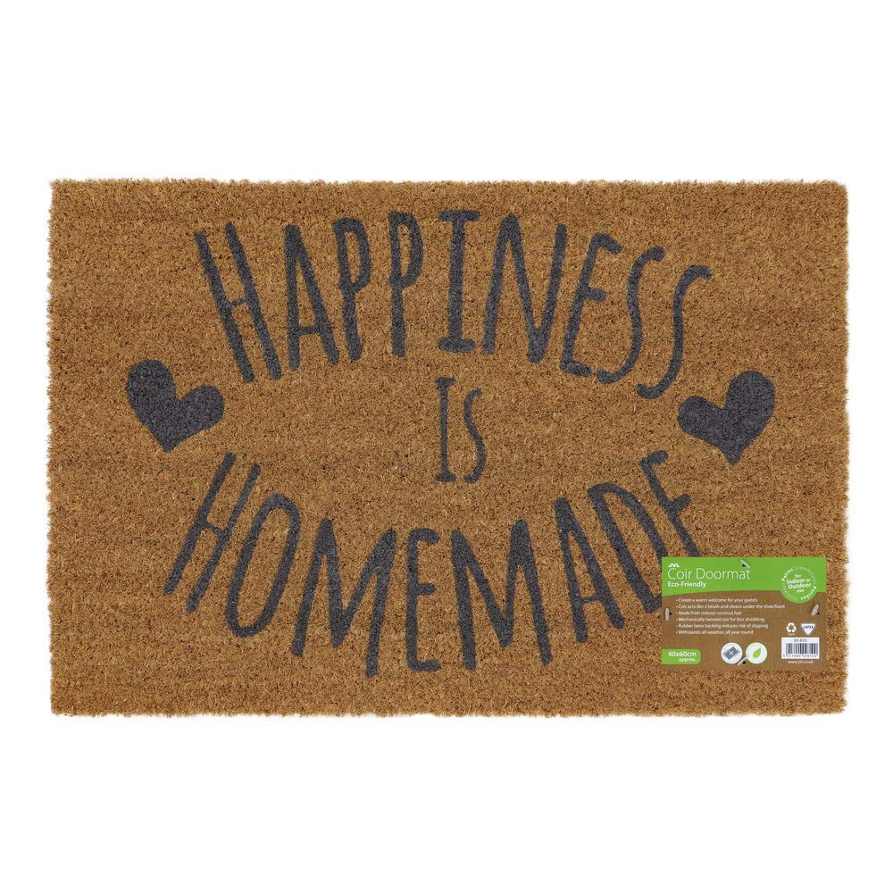 JVL Eco-Friendly Expression Latex Backed Coir Entrance Door Mat, Happiness Design