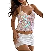 SHENHE Women's Sparkly Sequin Halter Top Open Back Sexy Y2k Backless Rave Clubwear Crop Tank