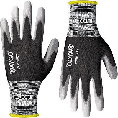 KAYGO Thin Work Gloves PU Coated 12 Pairs KG15P Nylon Liner Black Large