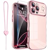 ROYBENS for iPhone 16 Pro Case Wave Frame with Screen Protector Wrist Strap, Women Girls Cute Plating Heart Design, Full Camera Lens Protection, Silicone Slim Protective Phone Cover,6.3-Inch, Pink