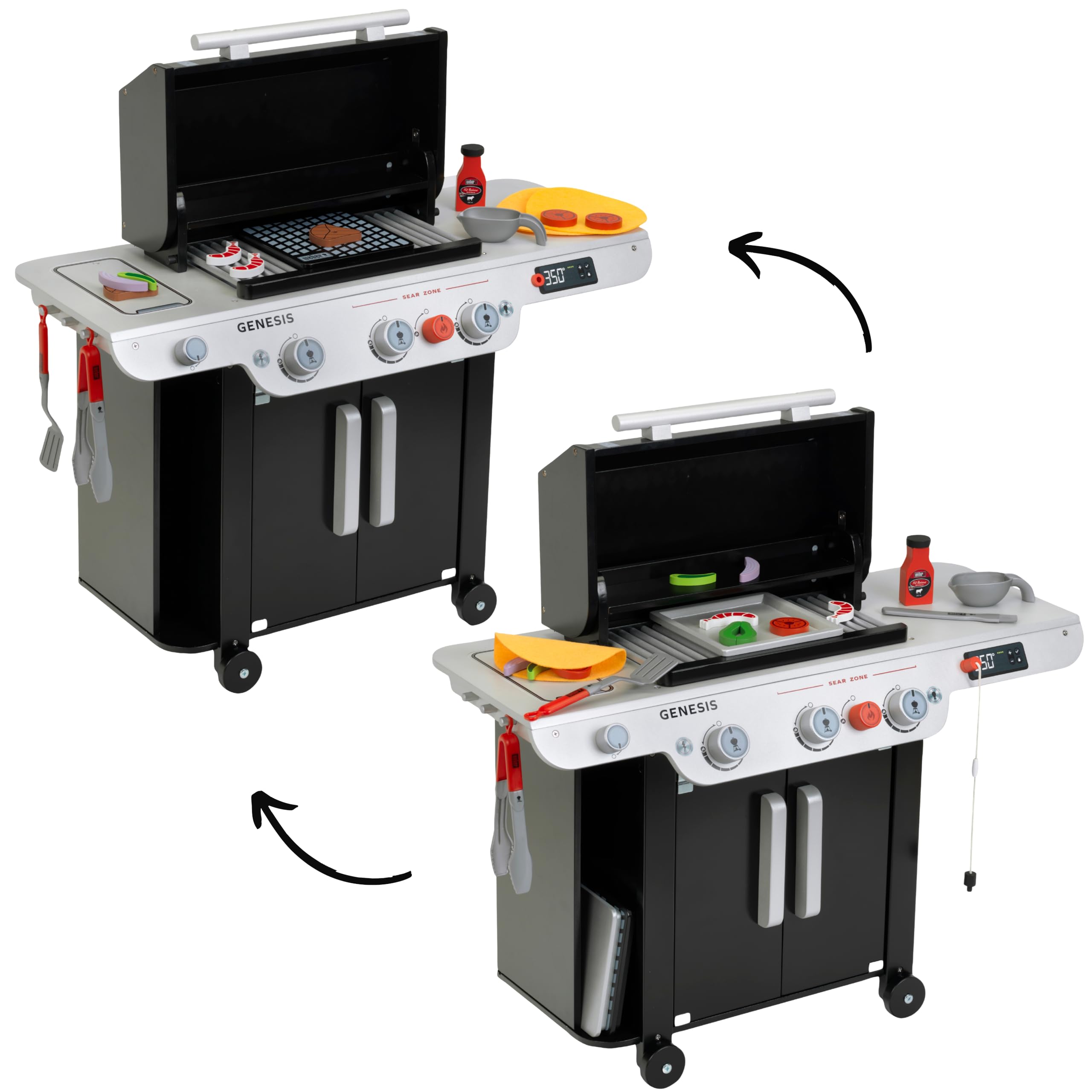 Theo Klein 9445 Weber Grill Genesis aus Holz inklusive Einsätze für Steak, Pizza oder Gemüse Mit Food-Attrappen und Grillbesteck Spielzeug für Kinder ab 3 Jahren 3