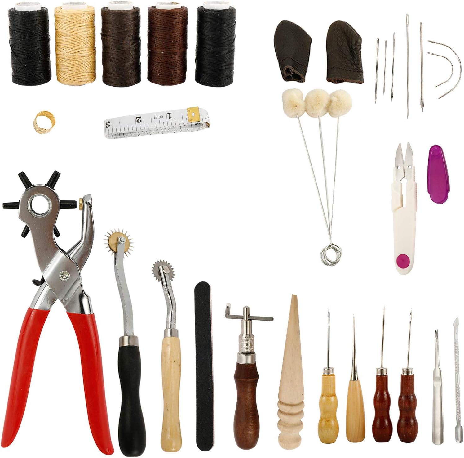 Artilife 32pcs Leather Tool Kit Including Leather Waxed Threads, Needles, Stitching Hole Punch, Groover Tool and Awl, DIY Leather Craft Accessories for Beginner Leather Repair