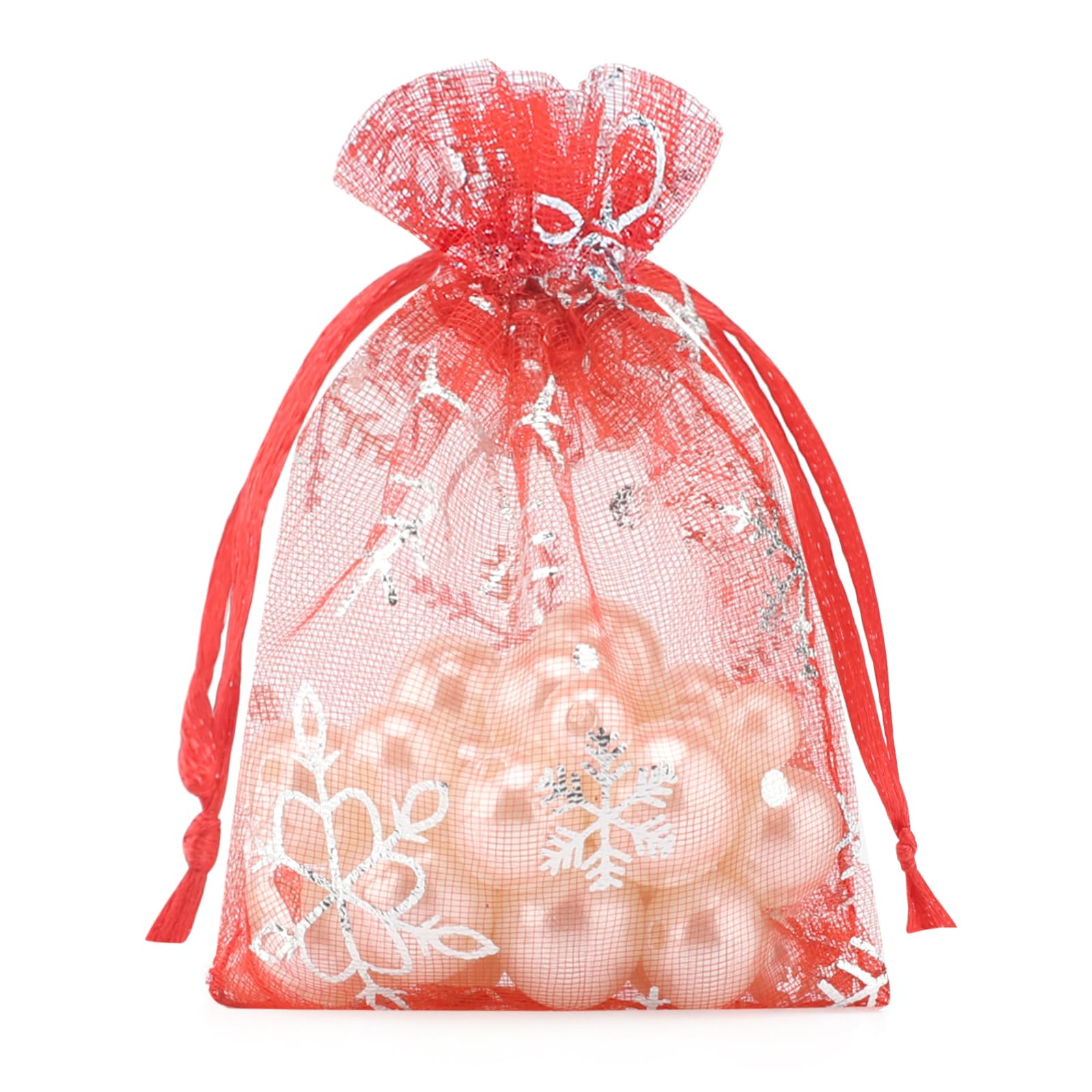 G2PLUS Red Christmas Organza Bags 7x9CM: 100PCS Snowflake Favour Bags for Presents, Xmas Snowflake Gift Pouches for Reindeer Food, Christmas, Advent Calendars