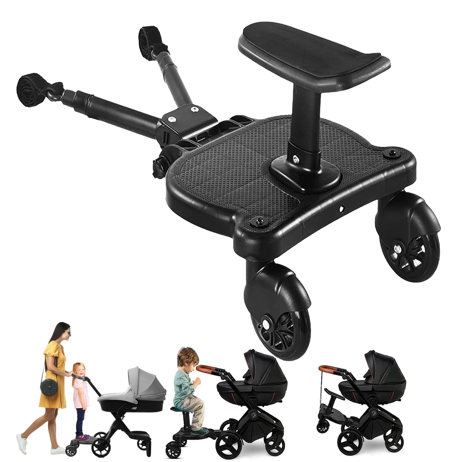 Universal Stroller Board with Detachable Seat for New Parents, 2 in 1 Sit & Stand Stroller Board, Stroller Standing Board, Stroller Attachment for Toddler to Ride, Holds Children Up to 55lbs