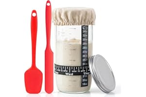 Sourdough Starter Jar Glass, 24oz/730ml Wide Mouth Glass Jar with Thermometer and Date Marked Feeding Band, Long Scraper, Sil