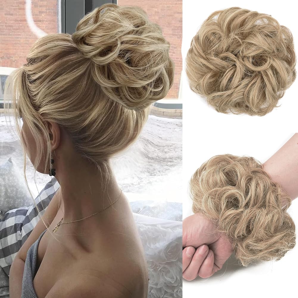 Photo 1 of Mychanson Messy Bun Hair Piece Tousled Updo Curly Wavy Hair Bun Extension Faux Hair Buns Hair Pieces with Elastic Band Synthetic Fluffy Large Chignon Scrunchies Hairpieces for Women (27/613)