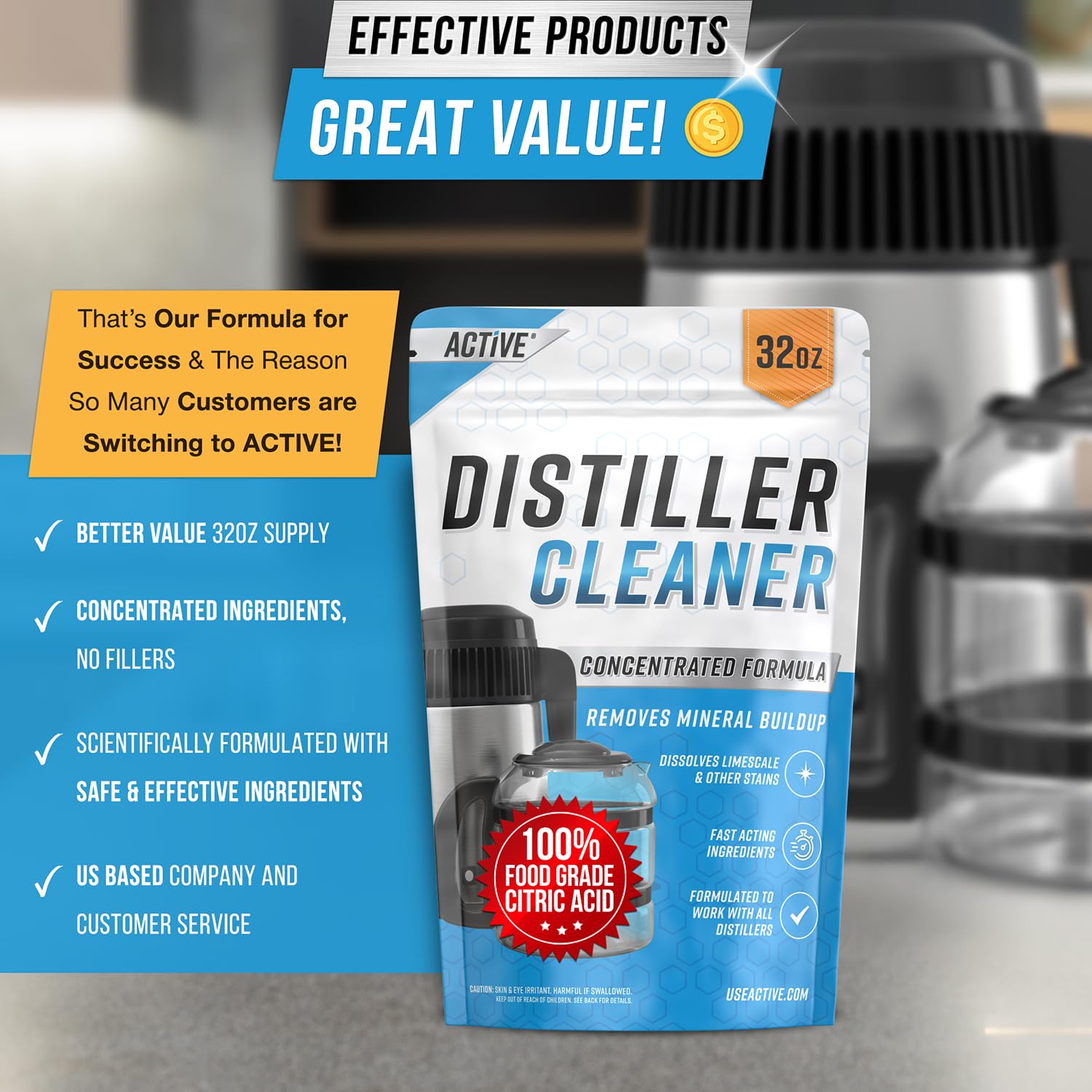 ACTIVE Distiller Descaler Citric Acid Cleaner - 2 Lb Bulk for Cleaning Water Distillers, Pure Citrus Acid Crystals Universal Residue Descaling Portable Distiller, Kettle, Boiler, Dispenser