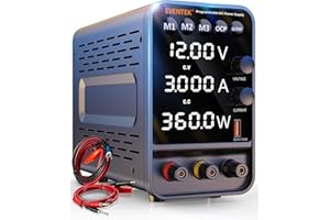 Eventek DC Power Supply, 120V/3A Variable Power Supply with Encoder Adjustment Knob, Memory Switching Bench Power Supply with 4-Digits LED Display, 5V/3.6A USB Output & Banana Plug Lead