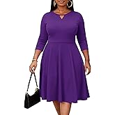 Nmoder Womens Plus Size Cocktail Dress 3/4 Sleeve Church Dresses for Women Midi Work Crewneck Dress with Pockets