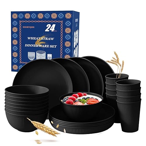 24pcs Wheat Straw Dinnerware Sets For 8, Unbreakable Plates and Bowls Wheat Straw Dinnerware Microwavable Cups Plates and Bowls Sets Shatterproof For Outdoor Kitchen Camping