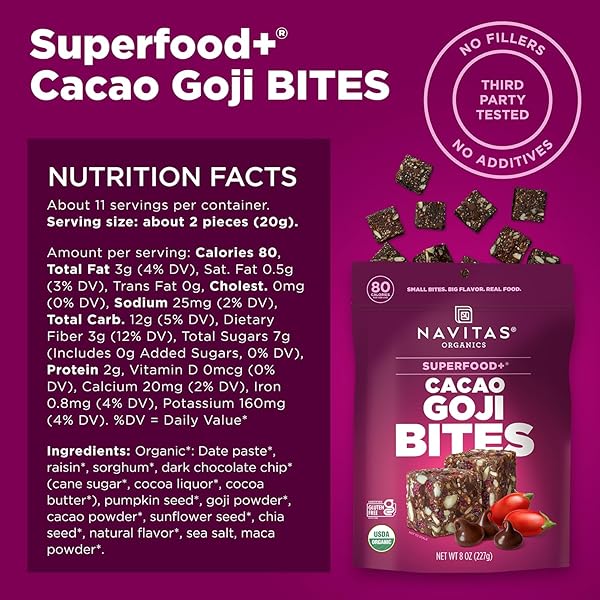 NAVITAS ORGANICS SUPERFOOD POWER SNACKS, CACAO GOJI, 8 OZ. BAG, 11 SERVINGS — ORGANIC, NON-GMO, GLUTEN-FREE