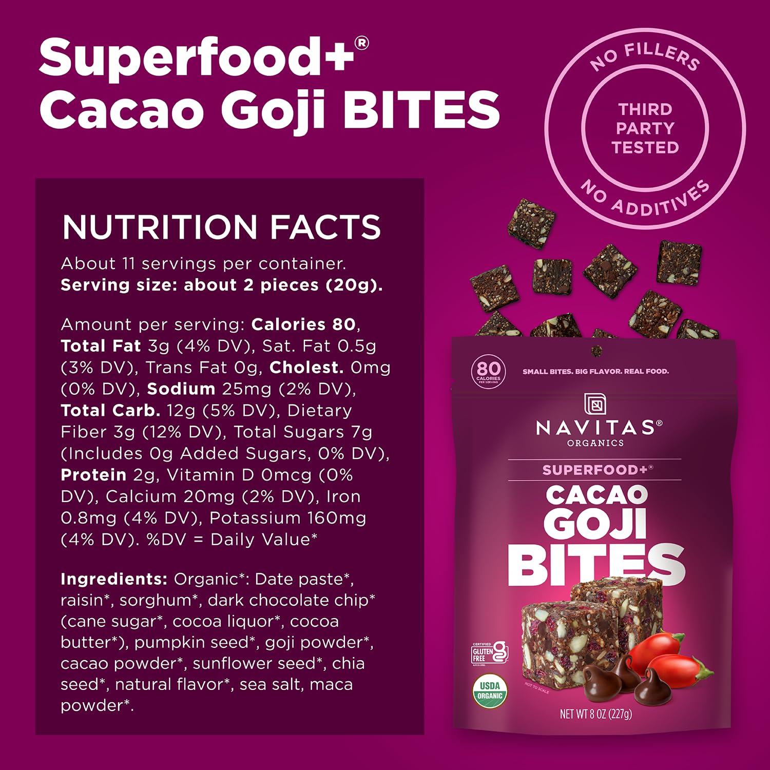 Navitas Organics Superfood Power Snacks, Cacao Goji, 8 oz. Bag, 11 Servings — Organic, Non-GMO, Gluten-Free
