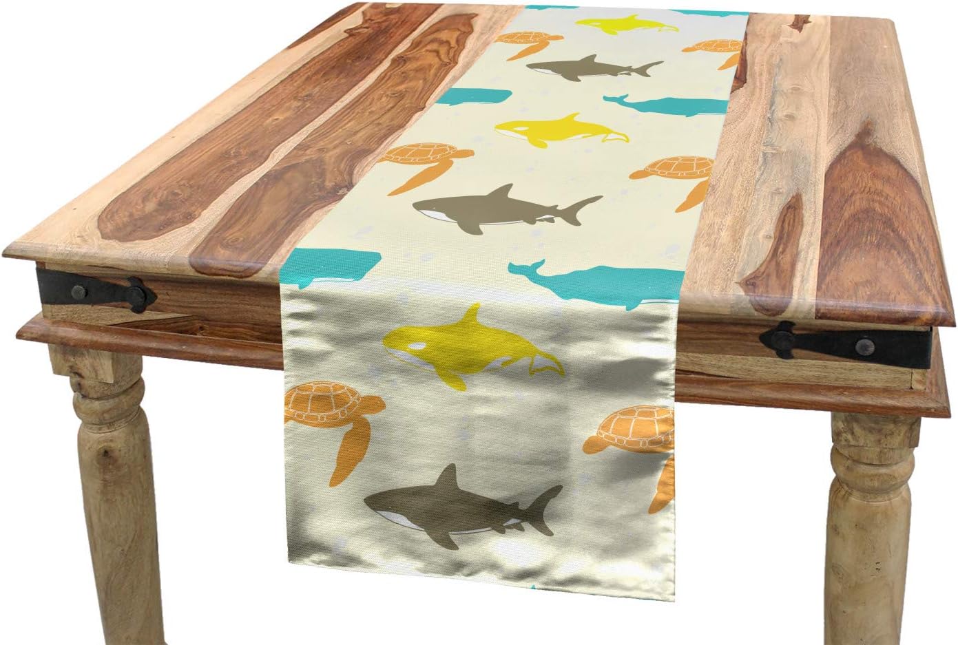 Ambesonne Animal Table Runner, Pattern with Whale Shark and Turtle Aquarium Doodle Style Marine Life, Dining Room Kitchen Rectangular Runner, 16" X 72", Ivory Taupe Peach