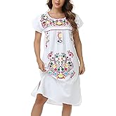 YZXDORWJ Women Mexican Embroidered Long Dress Ruffle Collar Maxi Boho Floral Summer Short Sleeve