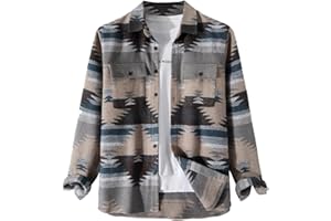 VIEWON Men's Casual Print Button Down Woolen Long Sleeve Lightweight Lapel Western Shacket Jacket Coat