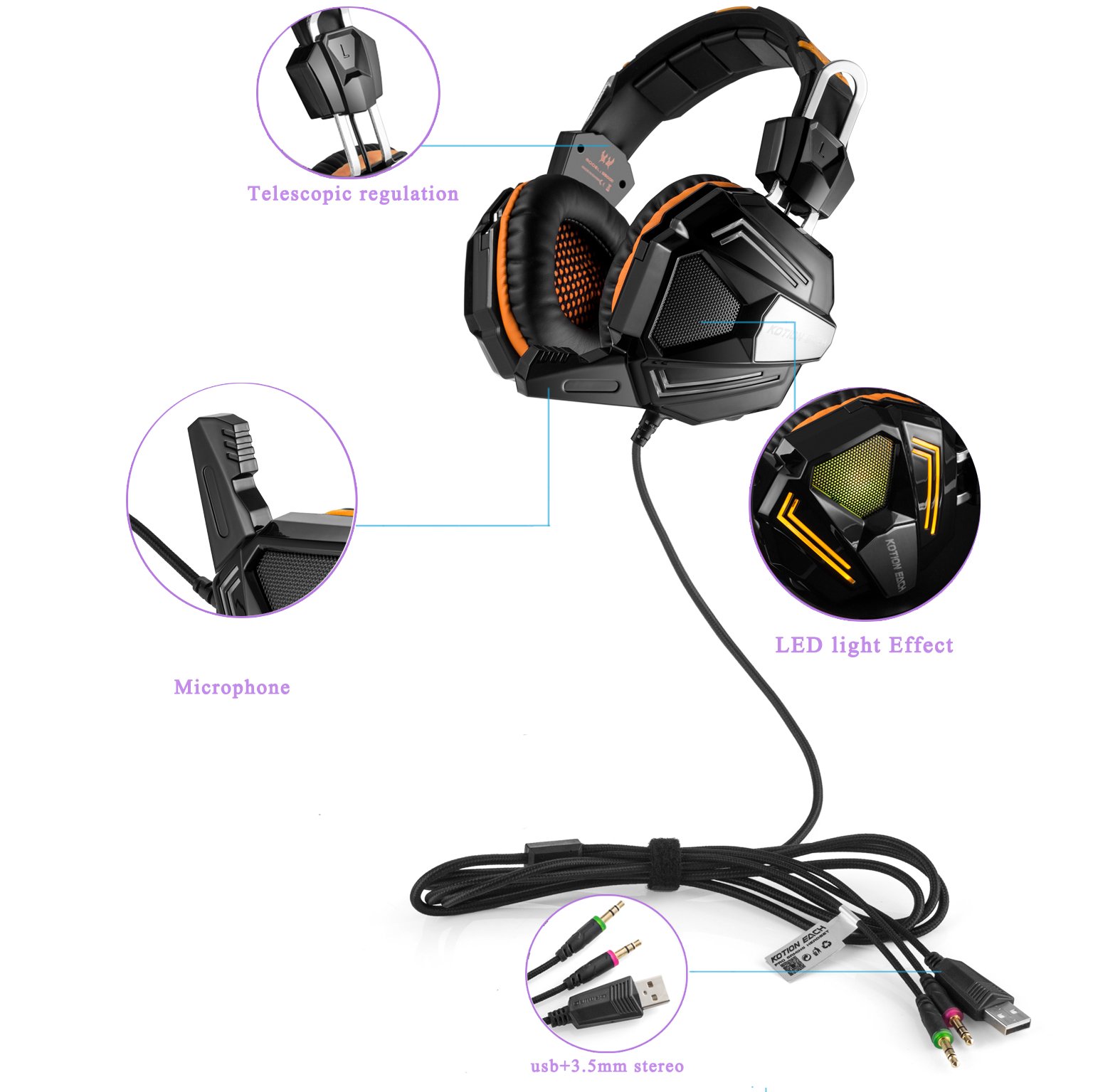KOTION EACH G5000 Gaming Auriculares Estéreo para Juegos de PC de 3.5mm, Auriculares con Fuertes Bajos, Cómodo Auricular con Micrófono, Ajuste Supraauricular con Aislamiento de Ruido, Luz LED con Efecto de Respiración para Ordenadores Portá