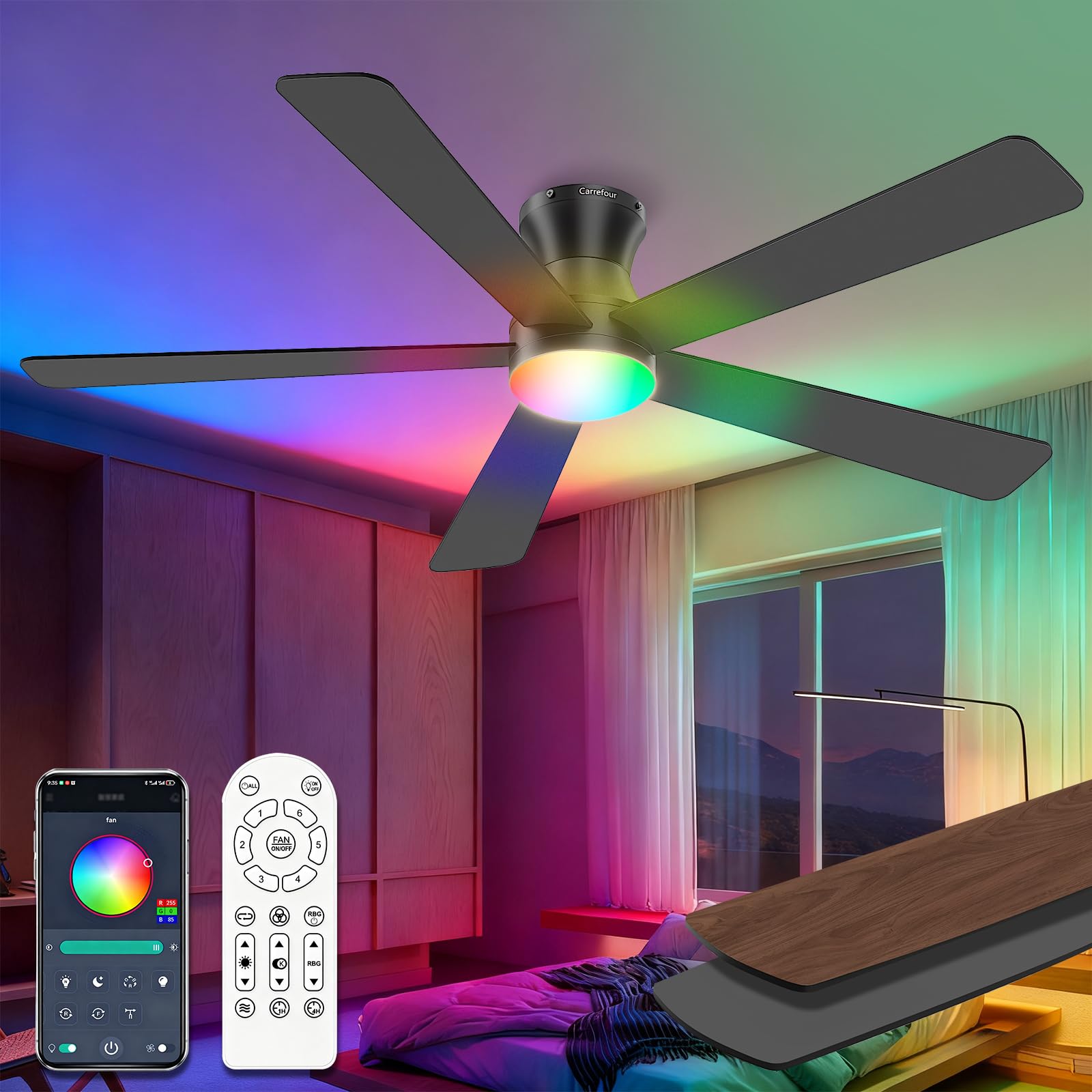 Photo 1 of **UNTESTED**
Carrefour Ceiling Fans with Lights 52 Inch Remote and App Control, Low Profile Flush Mount Modern Ceiling Fan with RGB Light, 6 Speeds Reversible DC Motor, Dimmable 3 CCT for Bedroom, Living Room