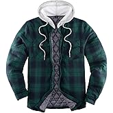 ZENTHACE Men's Quilted Lined Button Down Plaid Flannel Shirt Jacket with Hood