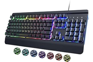 RisoPhy PC419 RGB Gaming Keyboard, 7 Single Color Backlits, 104 Keys Metal Panel Computer Keyboard,Silent Keys, Wrist Rest, Full Size Waterproof Light Up Wired Keyboard for PC Laptop Mac Gamer