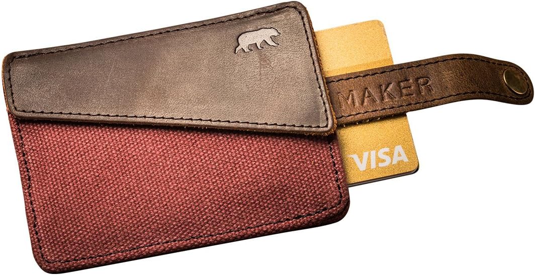 Slim Wallet Mens Handy®- Pull Out System - Leather and Canvas Coton - Card Holder and Coins Pocket (Burgundy)
