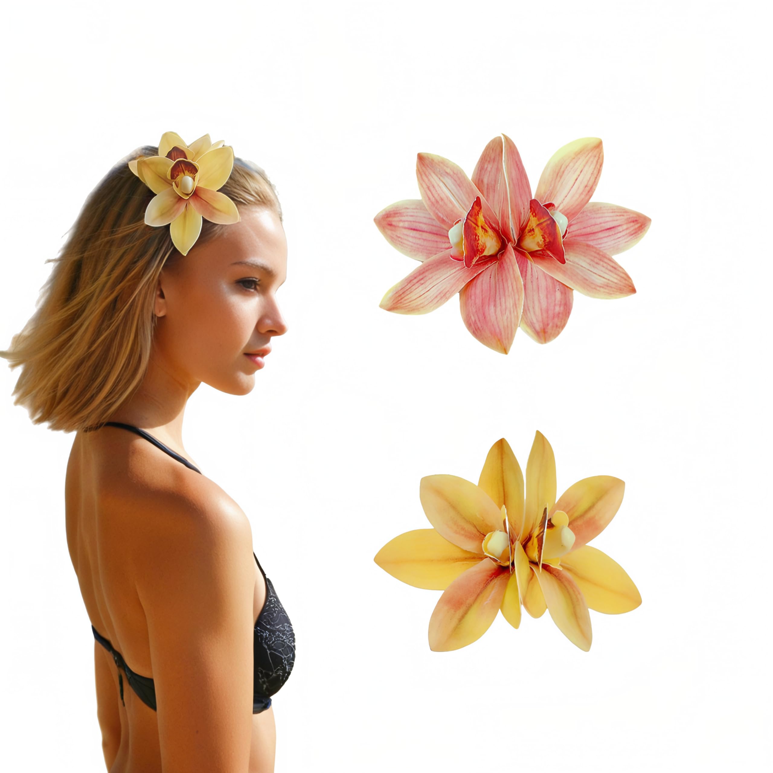 Photo 1 of 2 Packs Red & Yellow Orchid Flower Clips for Women Cute Hawaiian Floral Clip for Hair Tropical Accessories for Birthday Wedding Luau Beach Parties