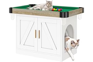 Homiflex Cat Litter Box Enclosure, Wooden Litter Box Furniture with Game Area, Cat Washroom with Barn Door, Indoor Pet House, Fit Most of Litter Box, White
