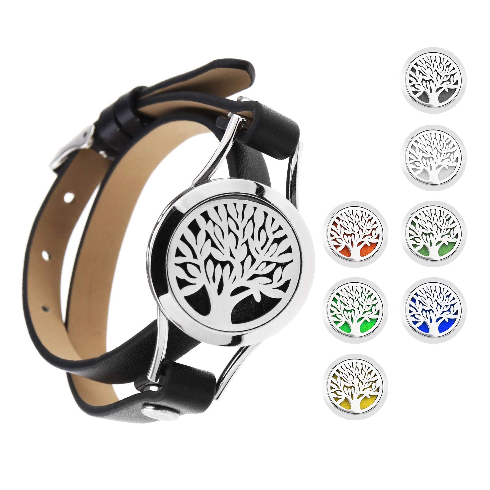 OTOTEC Aromatherapy Locket Essential Oil Bracelets with 8pcs Mix-color Refill Pads Set 316 Stainless Steel 2 Layers Adjustable Black