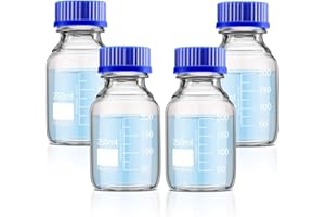 Patelai 4 Pieces Glass Round Media Storage Glass Bottles Borosilicate Media Bottles with GL45 Blue Screw Cap for Lab Water Reagent Liquids(250 ml)