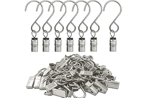 AMZSEVEN Stainless Steel S Hooks Curtain Clips, 50 Pack Hanging Party Lights Clips, Hangers Gutter Photo Camping Tents, Art Craft Display, Garden Courtyards Decoration, 3 Inch Long Silver