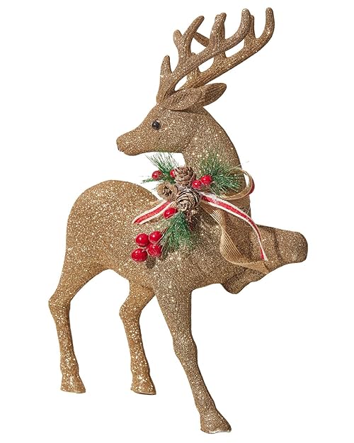 WXYBBD Gold Glitter Reindeer Christmas Decorations - Elegant Holiday Decor for Fireplace, Table Centerpiece, Dining Room, or Hotel Display with Pinecone & Ribbon Accents (Looking Back Reindeer)