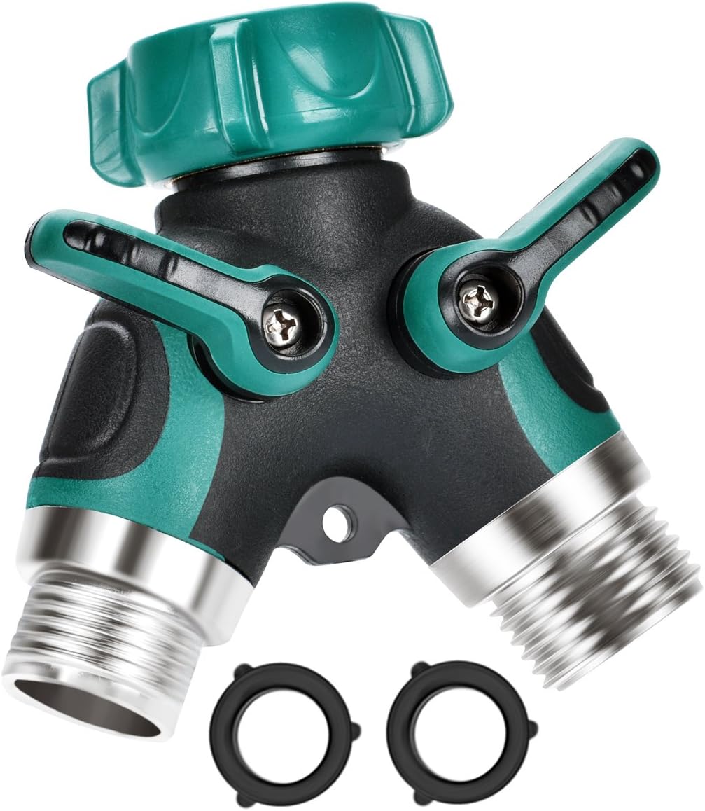 YUELIFE 2 Way Garden Hose Valve, Garden Hose Faucet Splitter with Bolted & Threaded Metal Body and 2 Repalceable Washers for Easy Garden Life-Green (2 Way Garden Hose Shut Off Valve)