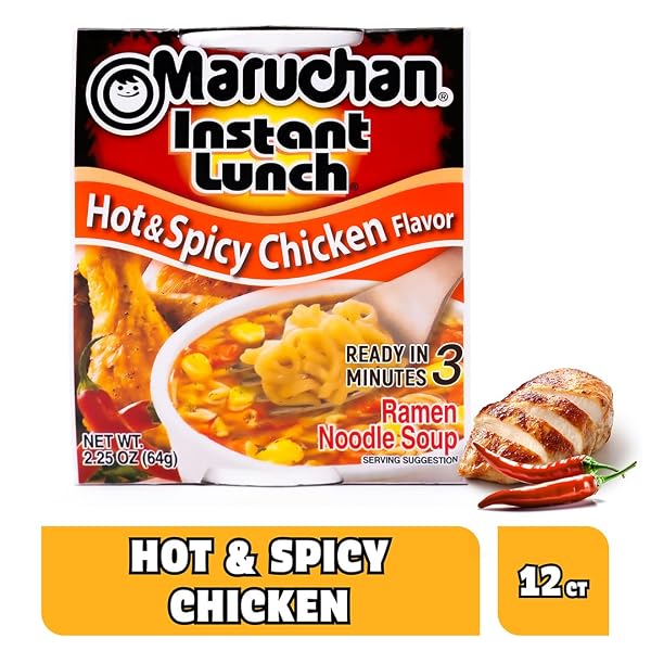 MARUCHAN INSTANT LUNCH RAMEN NOODLES, HOT & SPICY CHICKEN FLAVOR – JAPANESE-STYLE INSTANT NOODLE SOUP, EASY MEAL READY IN 3 MINUTES – 2.25 OZ. (12 PACK)