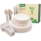 250 Piece (50 Sets) Biodegradable Paper Plates Set (EXTRA LONG UTENSILS), Disposable Dinnerware Set, Eco Friendly Compostable Plates & Utensil include Plates, Bowls, Forks, Knives and Spoons