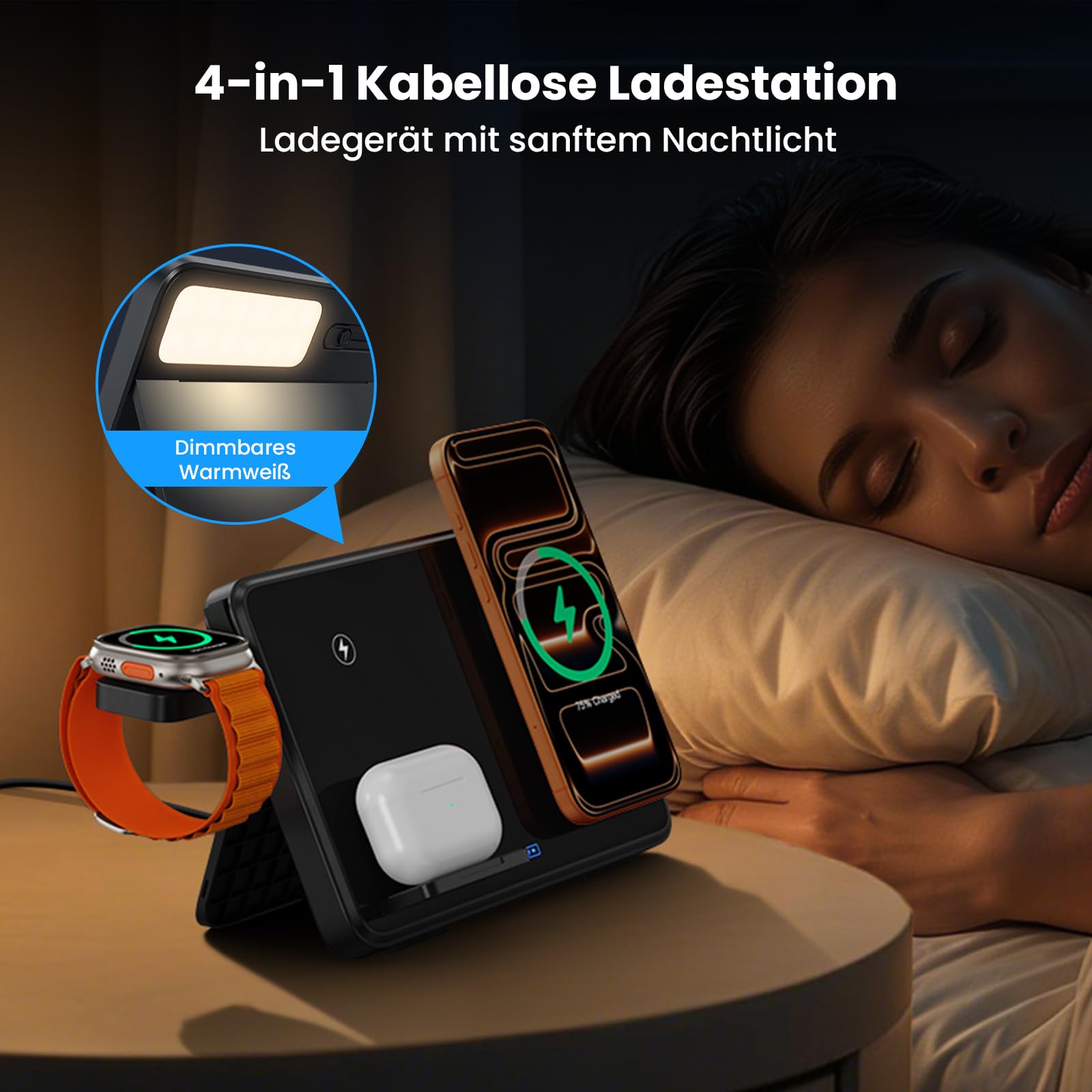 Dual Induktive Ladestation für iPhone & Samsung – Faltbarer 4-in-1 Wireless Charger mit Nachtlicht für Apple Watch & AirPods, reisefreundlich, inkl. PD 30W Adapter, Schnellladen kompatibel 2
