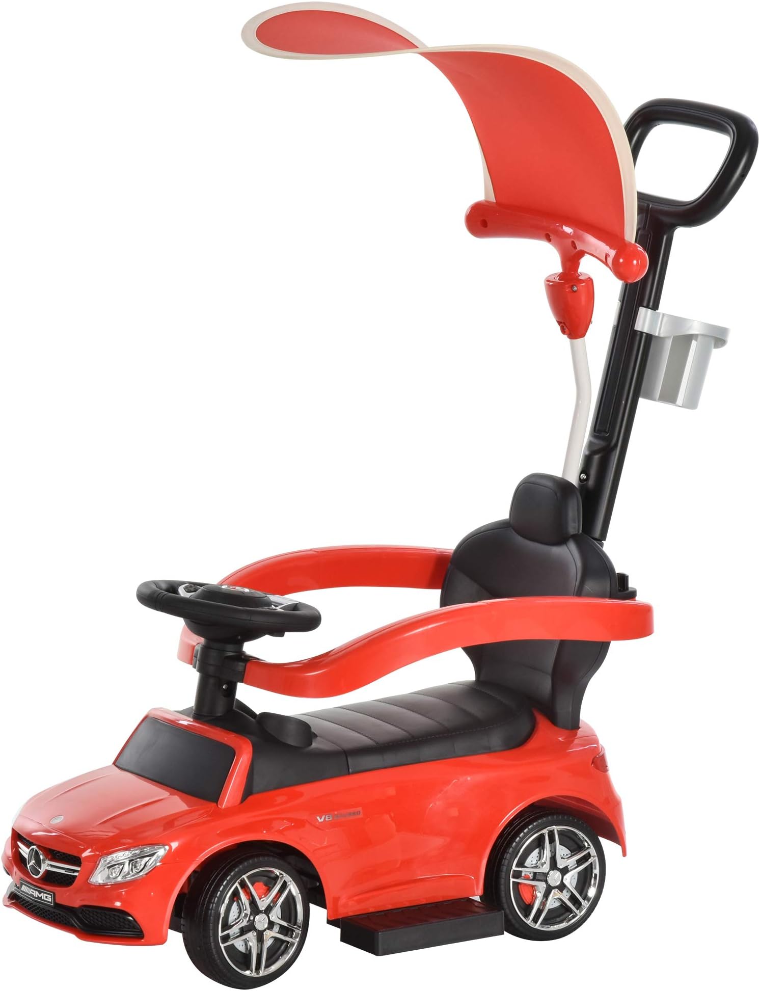AosomMercedes-AMG C63 Licensed Ride on Push Cars for Toddlers, Sliding Walking Car with Sun Canopy, Horn, Music, Safety Bar, Cup Holder and Storage, Red