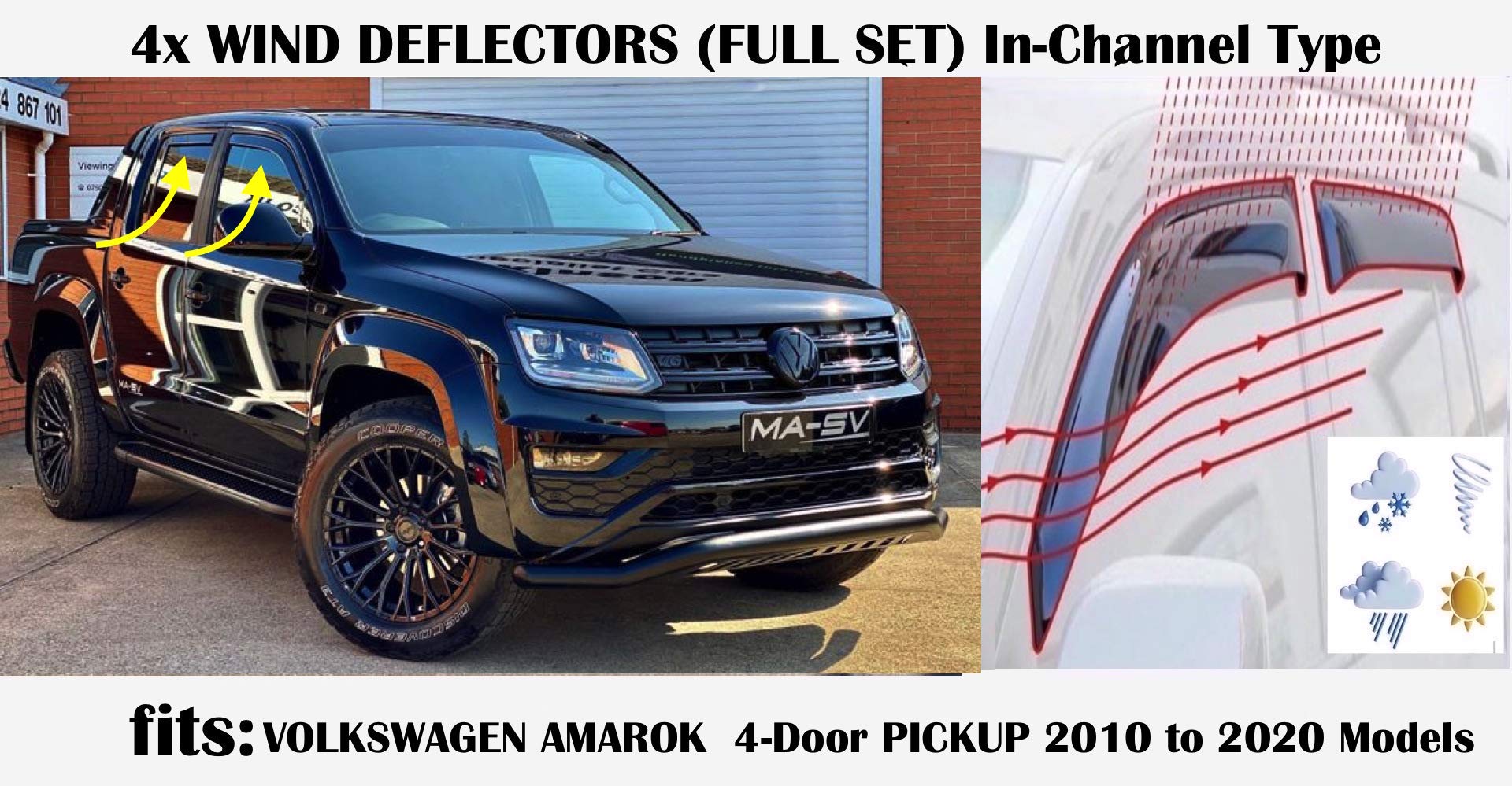 OEMM Set Of 4 Wind Deflectors IN-CHANNEL Type Compatible with VOLKSWAGEN AMAROK 2010 2011 2012 2013 2014 2015 2016 2017 2018 2019 2020 Acrylic Glass Side Visors Window Deflectors