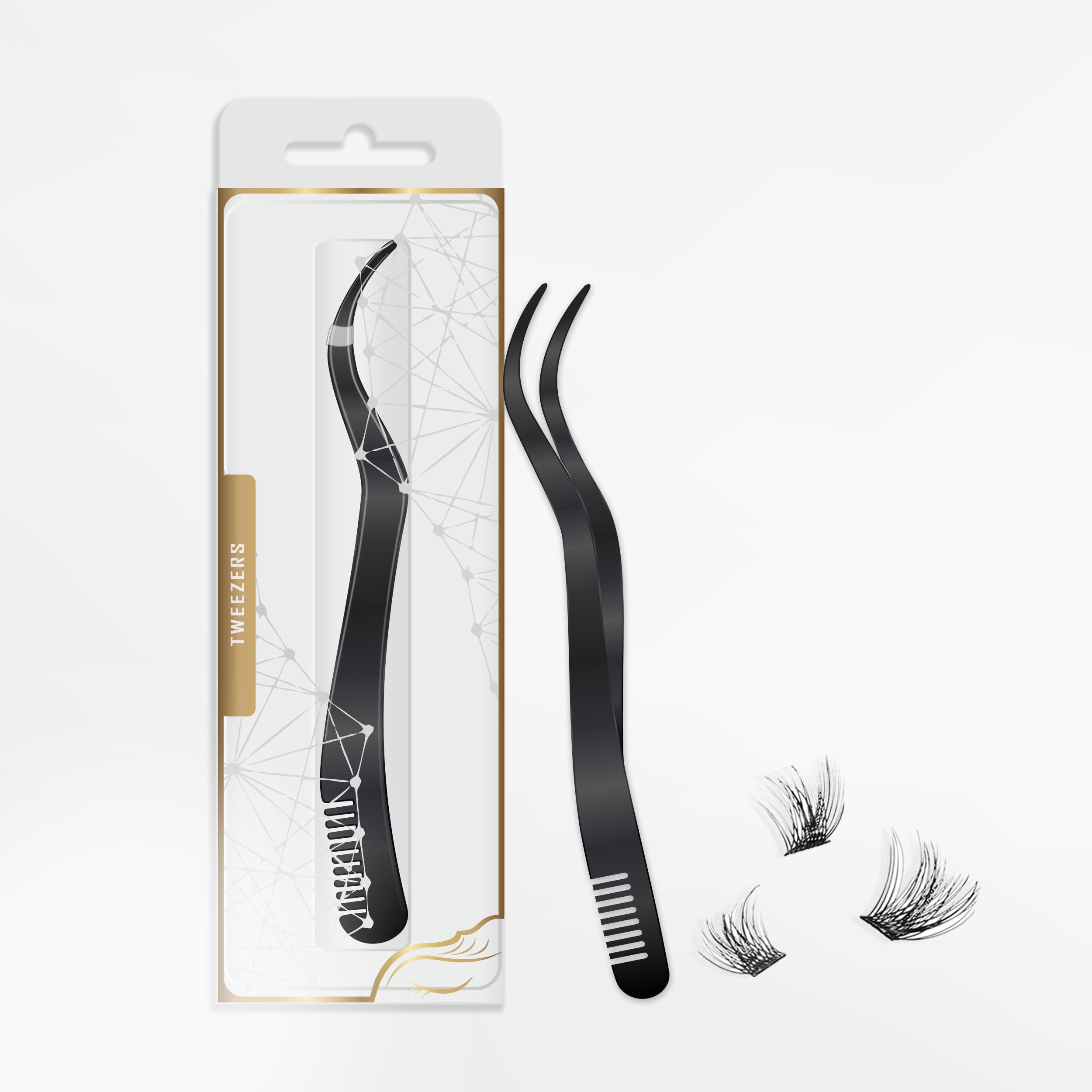 Photo 1 of 2 in 1 Lash Extension Tweezers with Comb, Stainless Steel Elbow Eyelash Extension Tweezers, Eyelash Tweezers for Lash Extensions, Precise Eyebrow Tweezers Tool for DIY False Eyelashes Clusters, Black