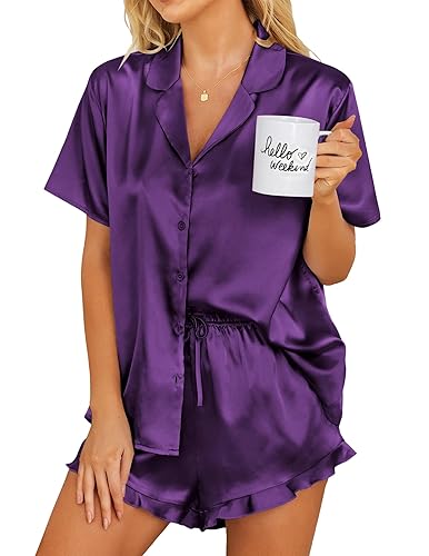 Ekouaer Womens Satin Pajamas Set Button Down Piece Silk Pjs