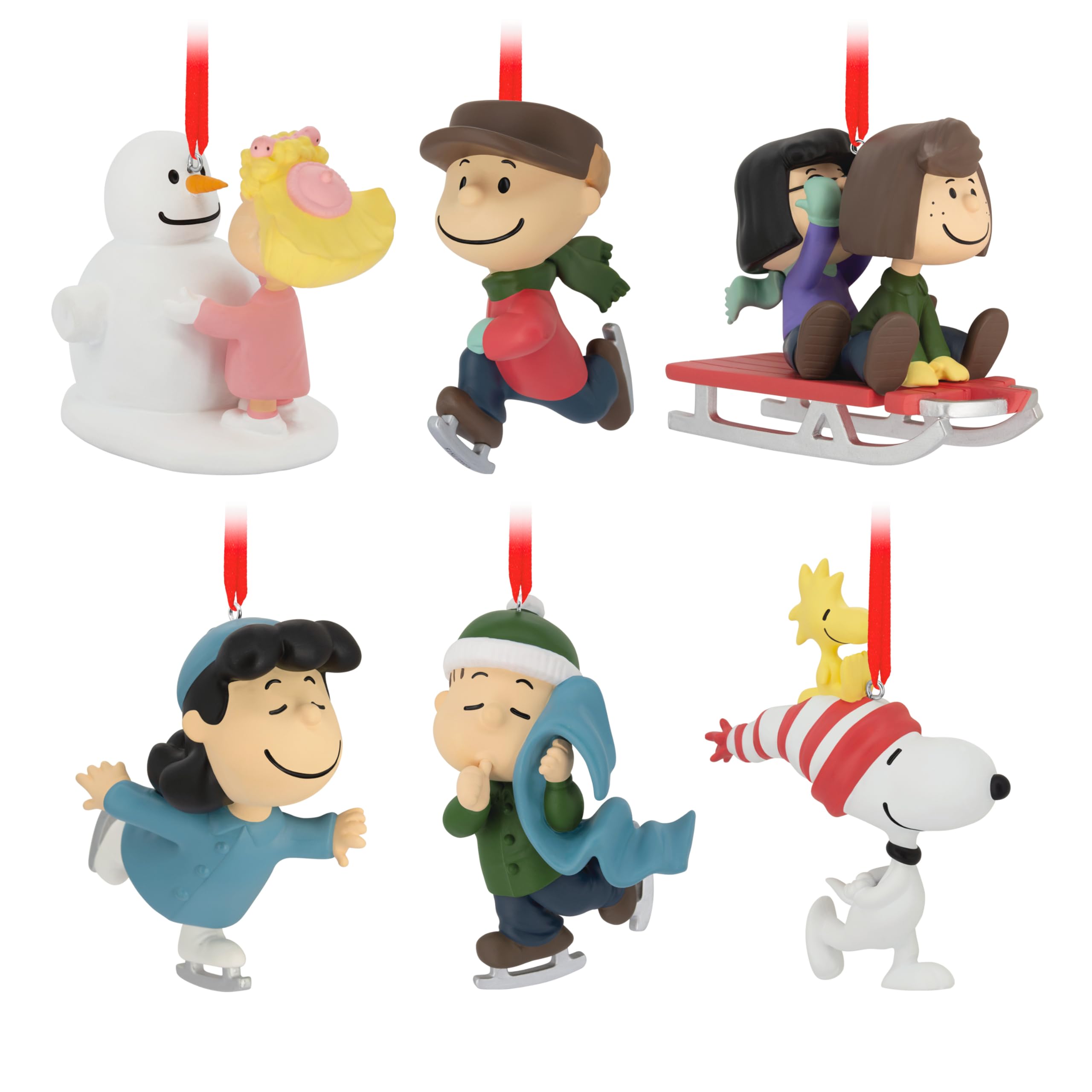 Hallmark Collectable PEANUTS Ornaments, Pack of 6, PEANUTS Gang Winter Activities Figures, Hanging Ornaments, SNOOPY, WOODSTOCK, Charlie Brown, Christmas