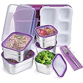 DaCool Stainless Steel Kids Bento Lunch Box Leak Proof BPA-Free School Lunch Container 5-Compartment with Lunch Bag and Fork for Toddler Child Adult, Food Snack Container for Picnic Outdoors,Purple